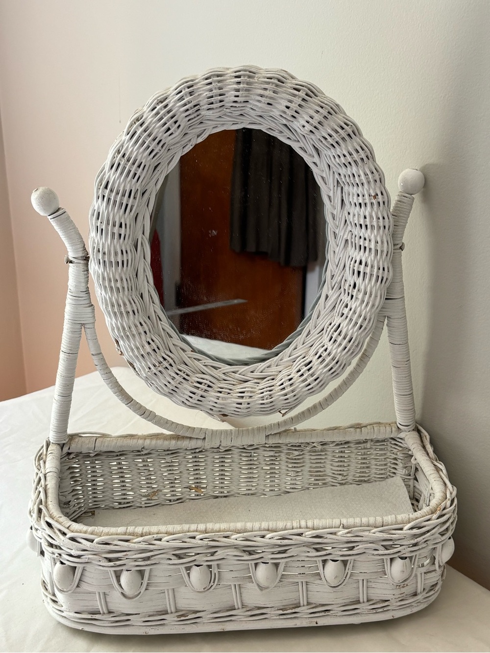 Vintage Wicker Oval Vanity Mirror with Storage - White